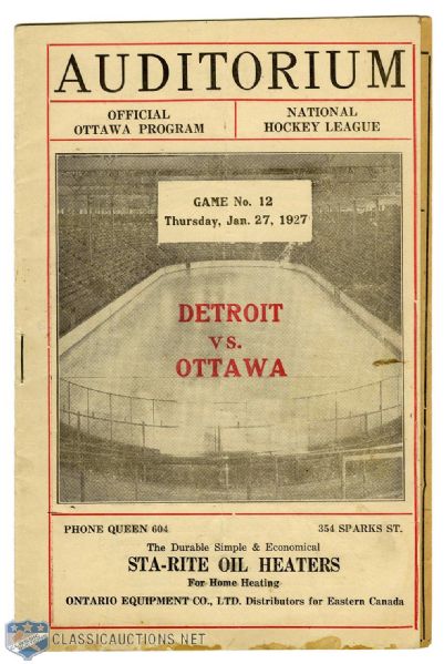 Ottawa Auditorium 1926-27 Program - Ottawa Senators vs Detroit Red Wings 