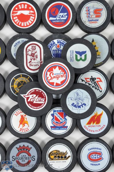 Game Pucks (AHL, OHL, QMJHL, WHL), Souvenir Pucks, Puck Displays and More Collection of 130+ 