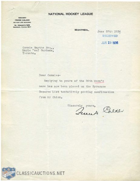 Deceased HOFer Frank Calder 1936 Signed Document on NHL Letterhead 