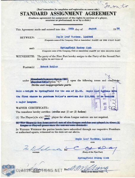 Deceased HOFers Eddie Shore and Hap Day Signed 1956 Standard Assignment Agreement