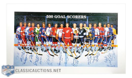 500-Goal Scorers Lithograph Autographed by 18 with Richard and Howe (22 1/4" x 37 1/4")