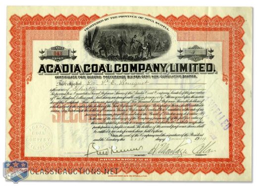 Deceased HOFer Sir Montagu Allan Signed 1914 Stock Certificate