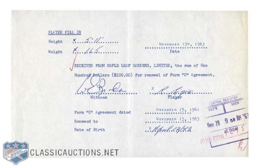 Deceased HOFer Turk Broda 1963 Signed Form "C" Agreement 