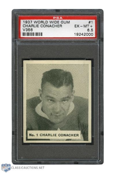 1937-38 World Wide Gum V356 Hockey Card #1 HOFer Charlie "The Big Bomber" Conacher - Graded PSA 6.5 - Highest Graded!