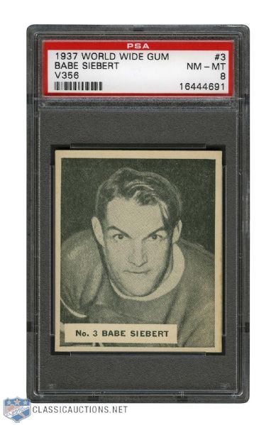 1937-38 World Wide Gum V356 Hockey Card #3 HOFer Albert "Babe" Siebert - Graded PSA 8 - Highest Graded!