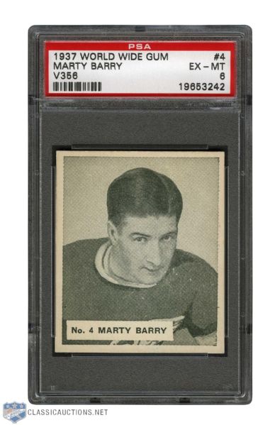 1937-38 World Wide Gum V356 Hockey Card #4 HOFer Marty "Goal-a-Game" Barry - Graded PSA 6 - Highest Graded!