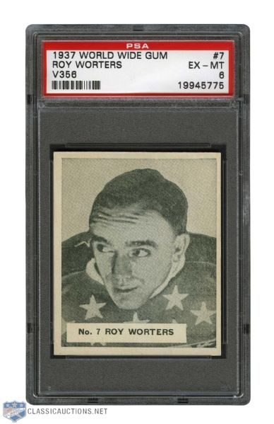 1937-38 World Wide Gum V356 Hockey Card #7 HOFer Roy "Schrimp" Worters - Graded PSA 6 - Highest Graded!
