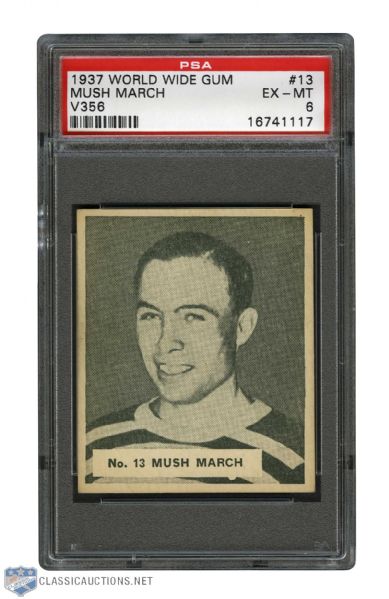 1937-38 World Wide Gum V356 Hockey Card #13 Harold "Mush" March RC - Graded PSA 6