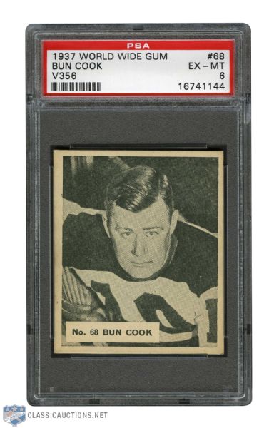 1937-38 World Wide Gum V356 Hockey Card #68 HOFer Fred "Bun" Cook - Graded PSA 6 - Highest Graded!
