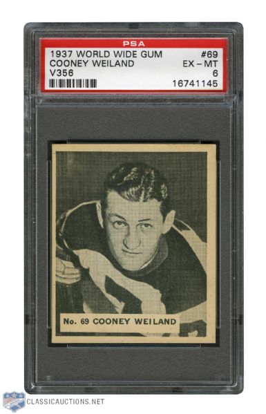 1937-38 World Wide Gum V356 Hockey Card #69 HOFer Ralph "Cooney" Weiland - Graded PSA 6 - Highest Graded!