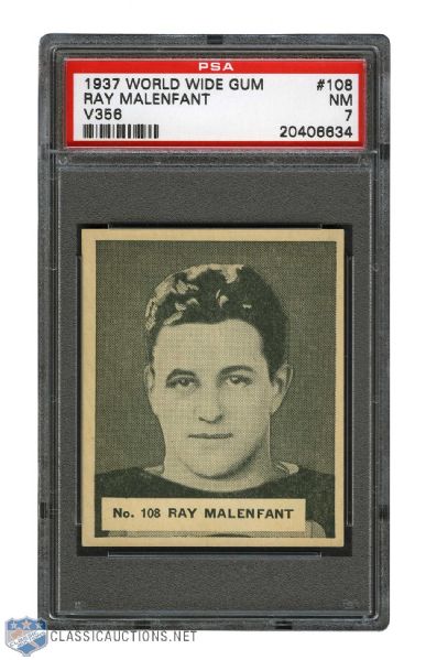 1937-38 World Wide Gum V356 Hockey Card #108 Ray Malenfant RC - Graded PSA 7 - Highest Graded!