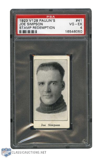 1923-24 Paulins Candy V128 Hockey Card #41 HOFer "Bullet" Joe Simpson (Stamp) - Graded PSA 4 