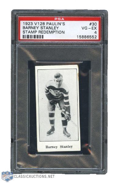 1923-24 Paulins Candy V128 Hockey Card #30 HOFer Russell "Barney" Stanley (Stamp) - Graded PSA 4 