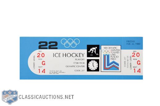 Team USA "Miracle on Ice" February 22nd 1980 Game vs Russia Full Ticket