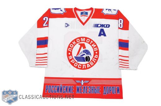 Vladimir Samylins 2002-03 Yaroslav Lokomotiv Game-Worn Playoffs Jersey with LOA 