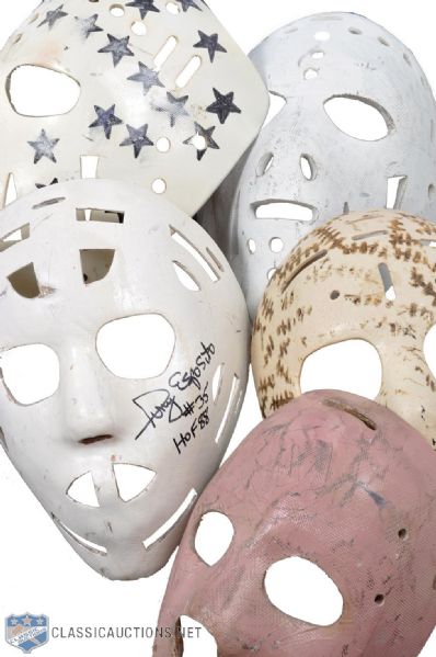 Collection of 7 Replica Goalie Masks by Don Scott with Signed Cheevers and Esposito 