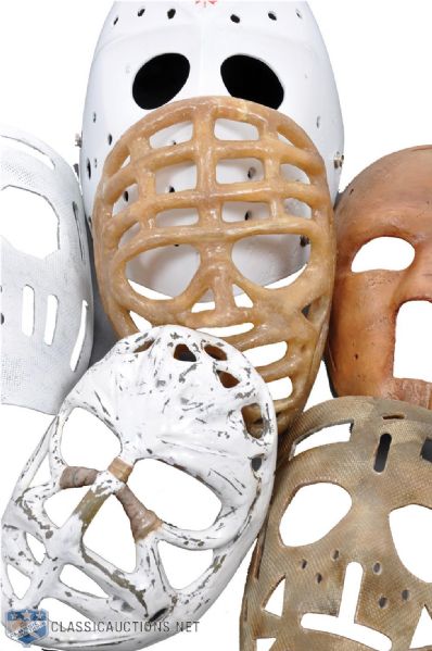 Collection of 6 Replica Goalie Masks with Plante, Dryden and Sawchuk
