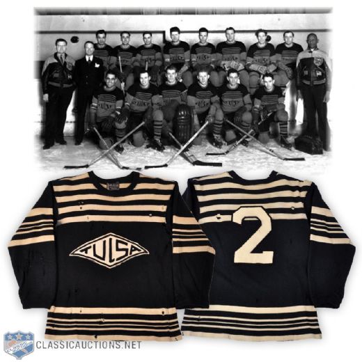 Harold "Slim" Haldersons 1933-36 AHA Tulsa Oilers Game-Worn Wool Jersey with LOA - Team Repairs!