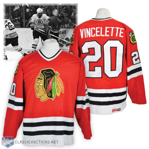 Dan Vincelettes 1988-89 Chicago Black Hawks Game-Worn Jersey - 20+ Team Repairs! - Photo-Matched!