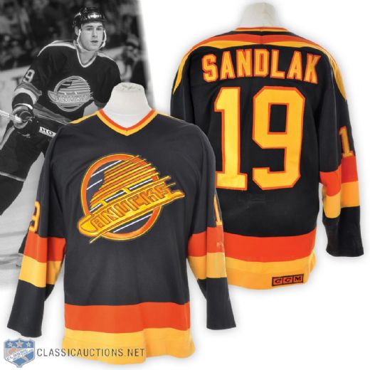 Jim Sandlaks 1987-88 Vancouver Canucks Game-Worn Jersey - Team Repairs!