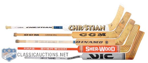Goalie Stick Collection of 5 with Roman Turek Signed Game-Used Stick