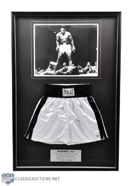 Muhammad Ali Signed Everlast Boxing Trunks Framed Display (50” x 33 1/2")