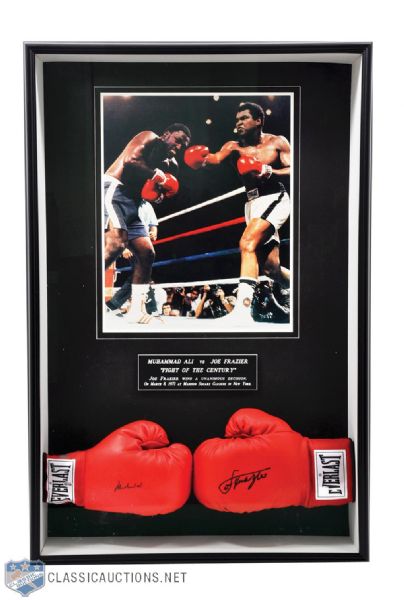 Muhammad Ali and Joe Frazier Signed Boxing Gloves Framed Display with COAs (41 3/4" x 27 1/2")