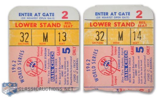 1962 Yankee Stadium World Series Game 5 Ticket Stubs (2) - Yankees vs Giants