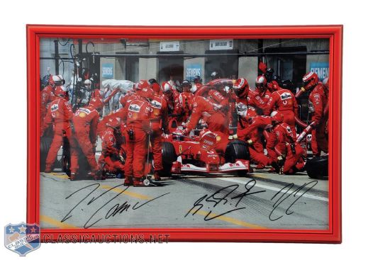 Schumacher, Raikkonen and Massa Signed Ferrari Framed Photo Plus Schumacher Signed F1 Tabard