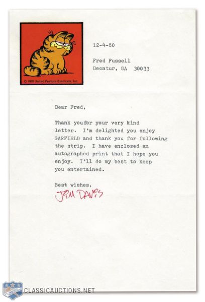 Jim Davis (Garfield) 1980 Signed Typed Letter