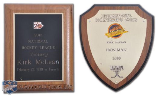 Kirk McLeans Vancouver Canucks 1989 Iron Man Award and 50th Victory Plaque from 1990 with LOA
