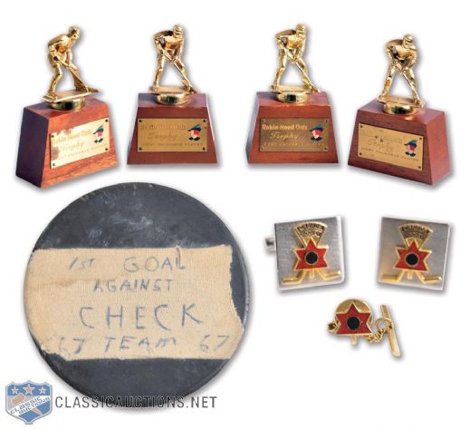 Robert "Butch" Gorings "Robin Hood" MVP Pre-NHL Trophy Collection of 4 Plus 1967 Goal Puck and Team Canada Cufflinks with His Signed LOA