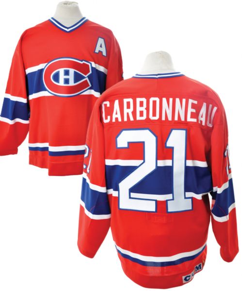 Guy Carbonneaus Early-1990s Montreal Canadiens Game-Issued Jersey with Team LOA Plus Sher-Wood Game-Used Stick 