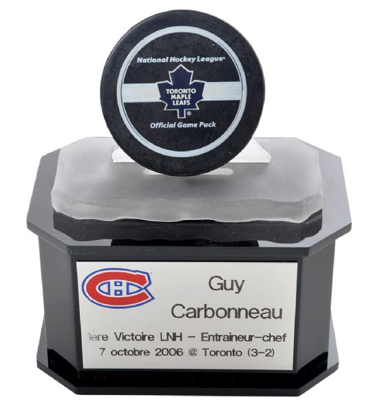 Guy Carbonneaus 1st Victory as Montreal Canadiens Head Coach Trophy from His Collection 