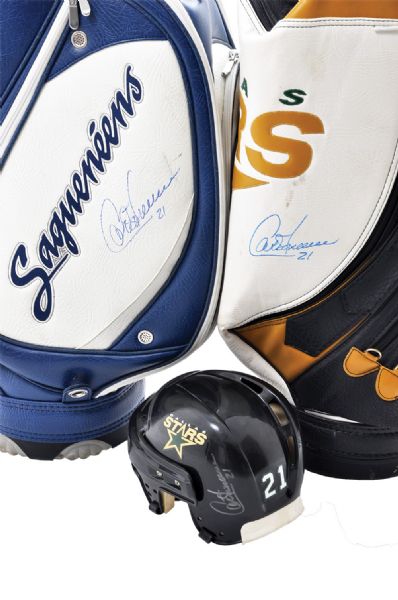 Guy Carbonneaus Collection of 3 with Dallas Stars Signed Game-Worn Helmet and Signed Stars Golf Bag from His Collection 