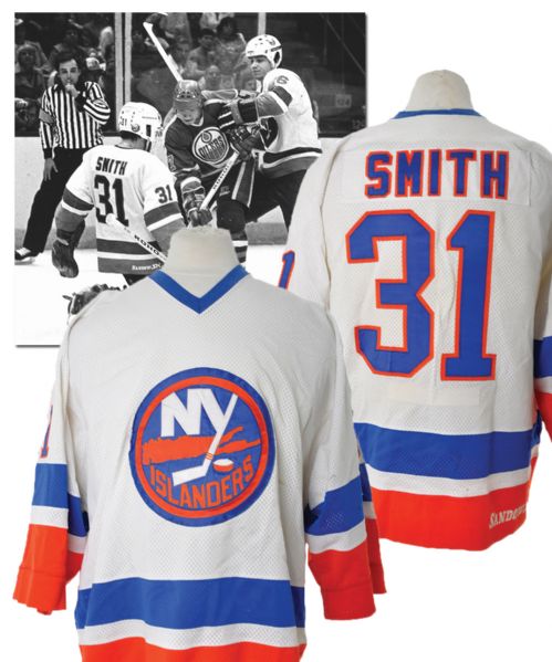 Billy Smiths 1982-83 New York Islanders Game-Worn Home Jersey - Team Repairs! <br>- Photo-Matched! 