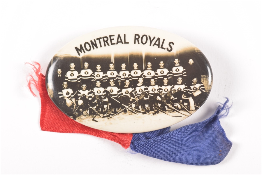 1930s Calumet Hockey Team Championship Team Photo on Pocket Mirror and Circa 1950s Montreal Royals Hockey Team Pin-Back Button with Ribbons