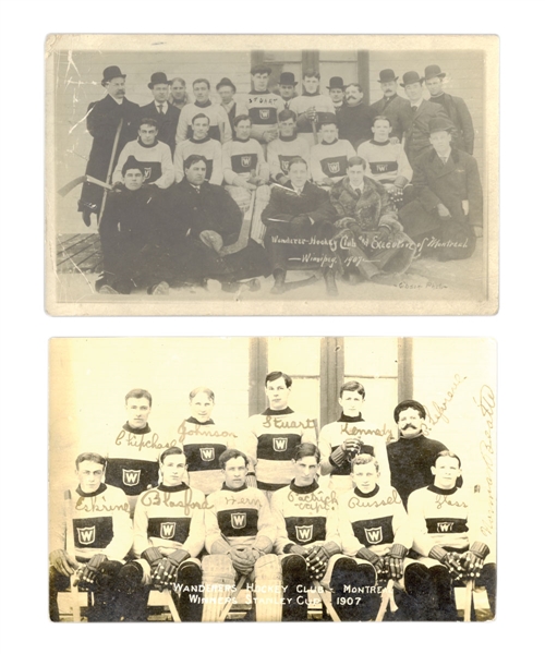 Montreal Wanderers 1906-07 Team Photo Postcard Collection of 2 Including HOFers Hod Stuart, Riley Hern, Ernie Russell, Moose Johnson and Lester Patrick