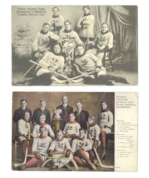 Thistles Hockey Team of Kenora (MHL-Pro) 1907 Postcard Collection of 2 with HOFers Joe Hall, Tommy Phillips and Art Ross