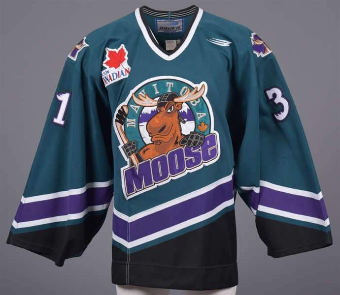 Jason Elliotts 1999-2000 IHL Manitoba Moose Game-Worn Jersey with Team LOA
