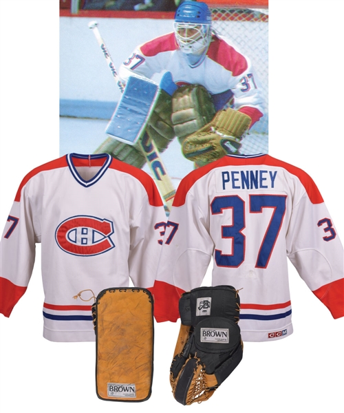 Steve Penneys 1984-85 Montreal Canadiens Game-Worn Jersey with Team Repairs Plus Late-1980s Brown Glove and Blocker