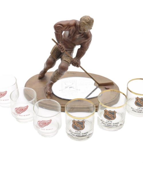 Alex Delvecchios 1970s Detroit Red Wings Glasses (8), 1976 NHL All-Star Game Glasses (6) and Konstantinov Benefit Golf Classic Trophy
