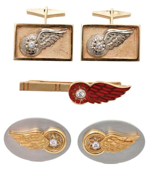 Alex Delvecchios Detroit Red Wings Platinum and Gold with Diamond Cuff Links and Tie Clip Collection