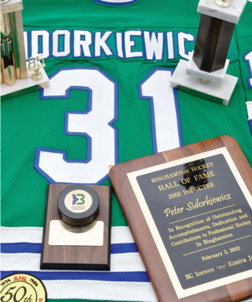 Peter Sidorkiewiczs 1985-86 AHL Binghamton Whalers Game-Worn Jersey with AHL 50th Patch and Trophy Collection of 14