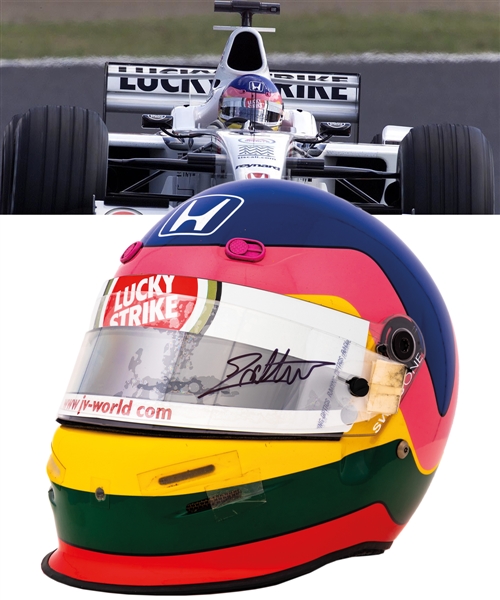 Jacques Villeneuves 2001 Lucky Strike BAR Honda F1 Team Bell Race-Worn Helmet with His Signed LOA – Japanese Grand Prix