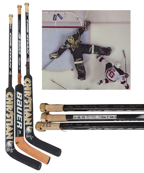 Ed Belfours 1997-01 Dallas Stars Game-Used Stick Collection of 3 with Inscriptions Featuring 2000 Stanley Cup Finals Game #5 Game-Used Stick with His Signed LOA