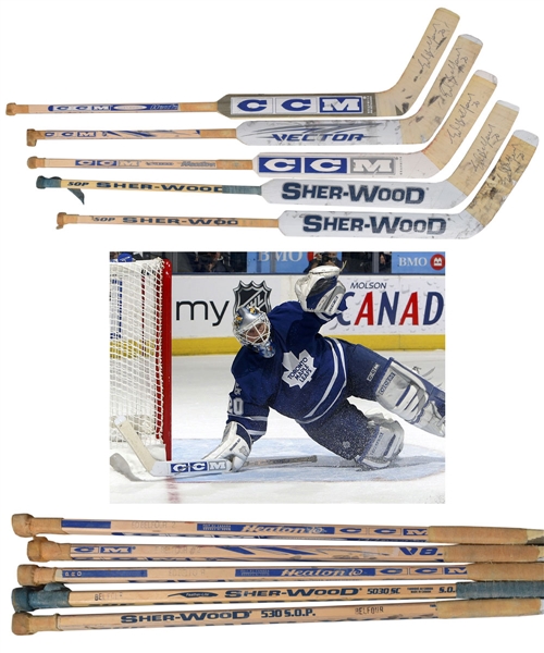 Ed Belfours 2002-06 Toronto Maple Leafs Signed Game-Used Stick Collection of 5 with His Signed LOA