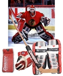 Ed Belfours 1996-97 Chicago Black Hawks Game-Worn Photo-Matched Cooper Goalie Pads and Blocker Plus Game-Used Glove, Skates and Stick