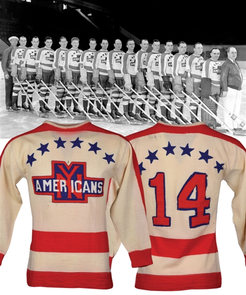 Superb New York Americans Late-1930s Game-Worn Wool Jersey Attributed to Joe Lamb with LOA - Team Repairs!