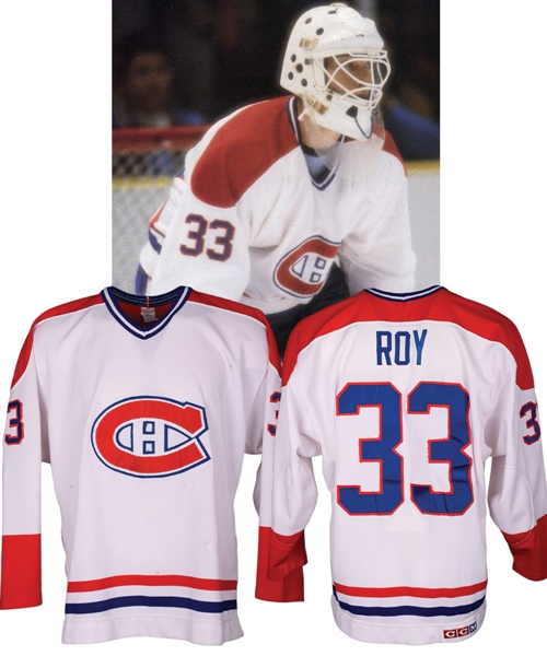 Patrick Roys 1985-86 Montreal Canadiens Game-Worn Rookie Season Jersey with LOA - Team Repairs! - Photo-Matched!